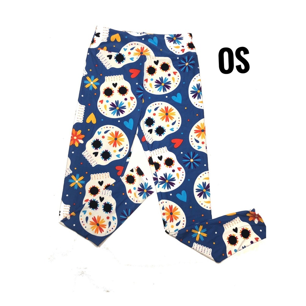 Os LuLaRoe Leggings Halloween Sugar Skulls Blue White Fits 2/10